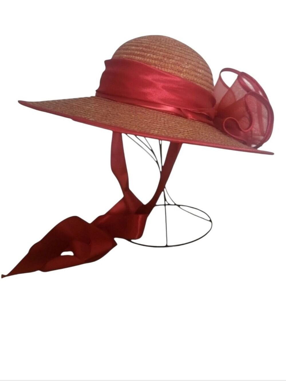 Michaela Red & Tan Straw Wide Brim Hat Satin Bow Accent 22” cc